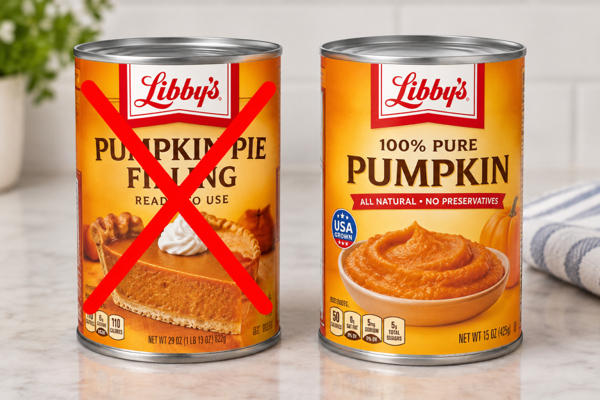 pumpkin pie filling with red X and pumpkin puree can