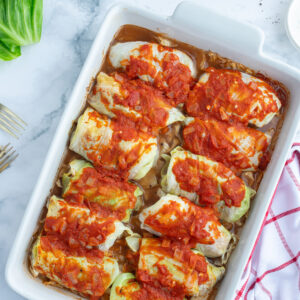 stuffed polish cabbage rolls in a casserole dish