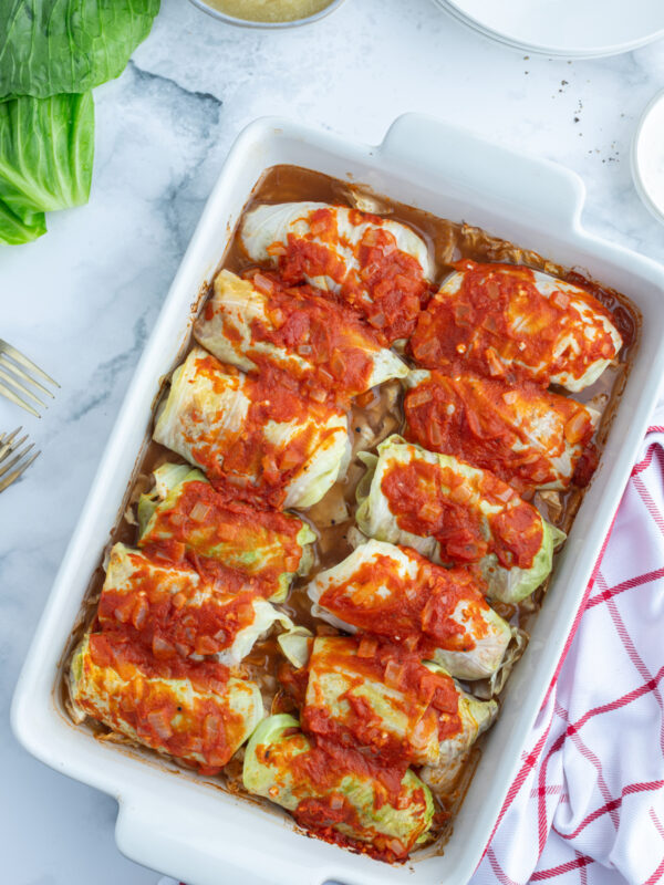 stuffed polish cabbage rolls in a casserole dish