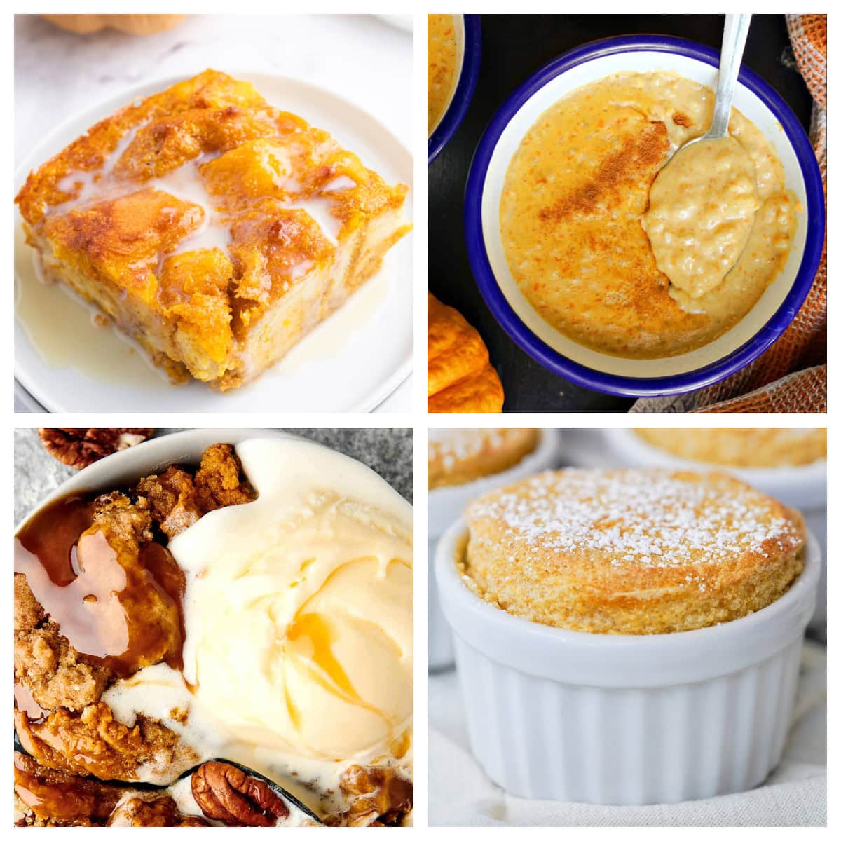 Looking for pumpkin desserts besides pie? These 25 unique pumpkin dessert recipes include pumpkin fudge, tiramisu, trifle, ice cream, bread pudding, mousse, milkshakes and more! Fun and delicious fall desserts for Halloween parties, Thanksgiving and pumpkin season. warm pumpkin desserts collage