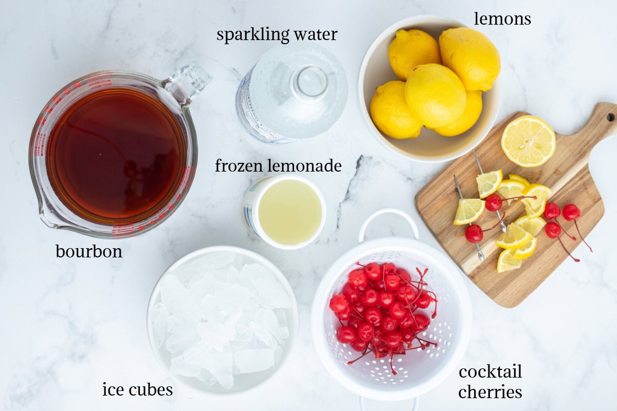 ingredients displayed for making whiskey sour punch