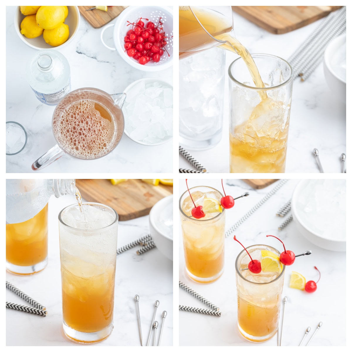 four photos showing how to make whiskey sour punch